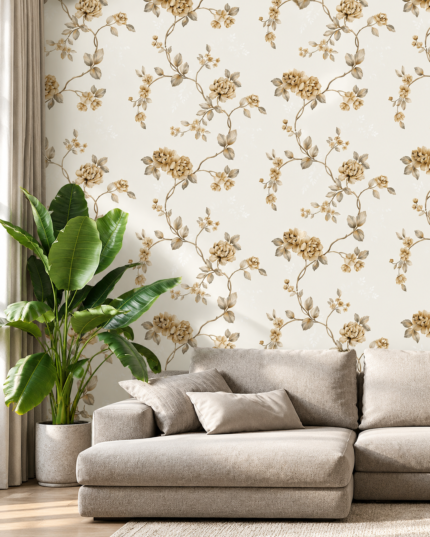 Elegant Beige Floral Vine Wallpaper for Living Room