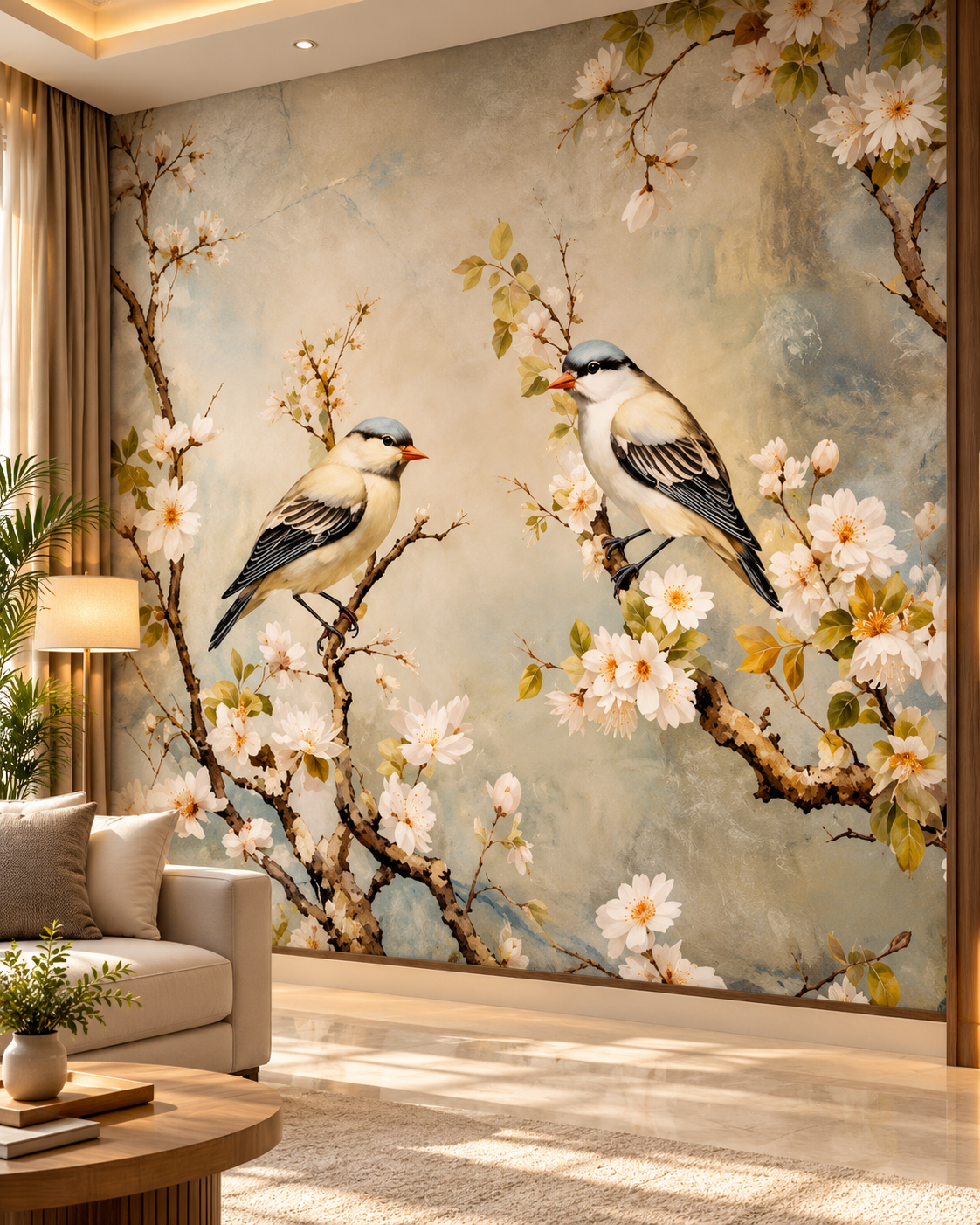 Cozy Birdsong Blossoms Living Room Mural