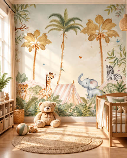 Cute Giraffe, Elephant & Zebra Kids Wallpaper