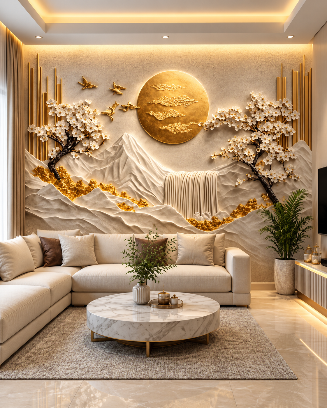 Golden Waterfall Mural Living Room
