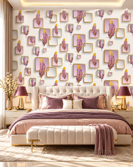 Luxury Purple Feather Geometric Bedroom Wallpaper Design