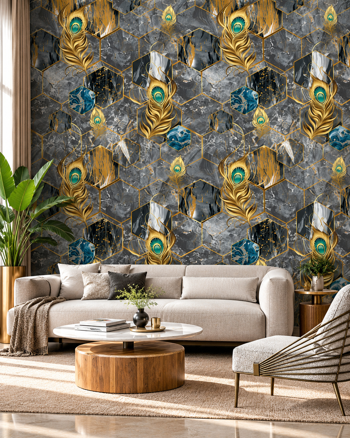 Luxurious Peacock Hexagon Living Room