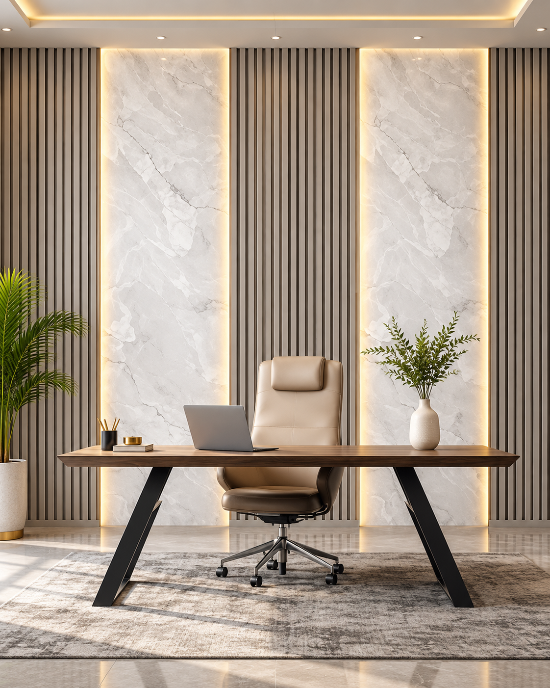Modern Luxury Office with Marble Accent Wall