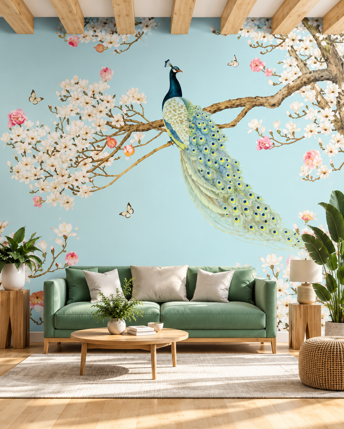 Peacock Blossom Mural Living Room