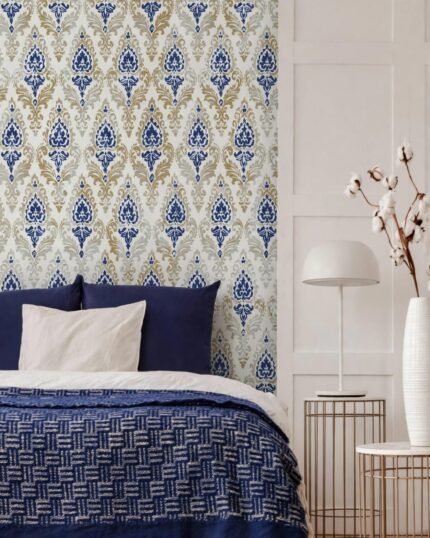 Royal Blue & Gold Ikat Damask Premium Non-Woven